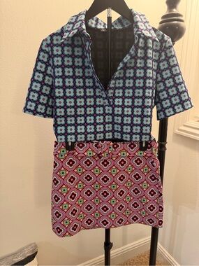 Zara Retro Floral Print Belted Mini Skirt & Collared Crop Top